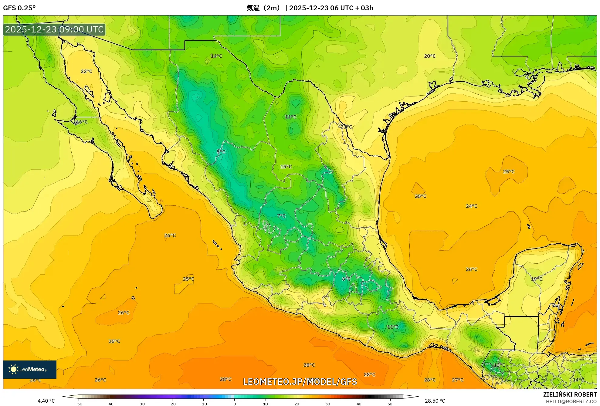 GFS model - メキシコ, 気温（2m）