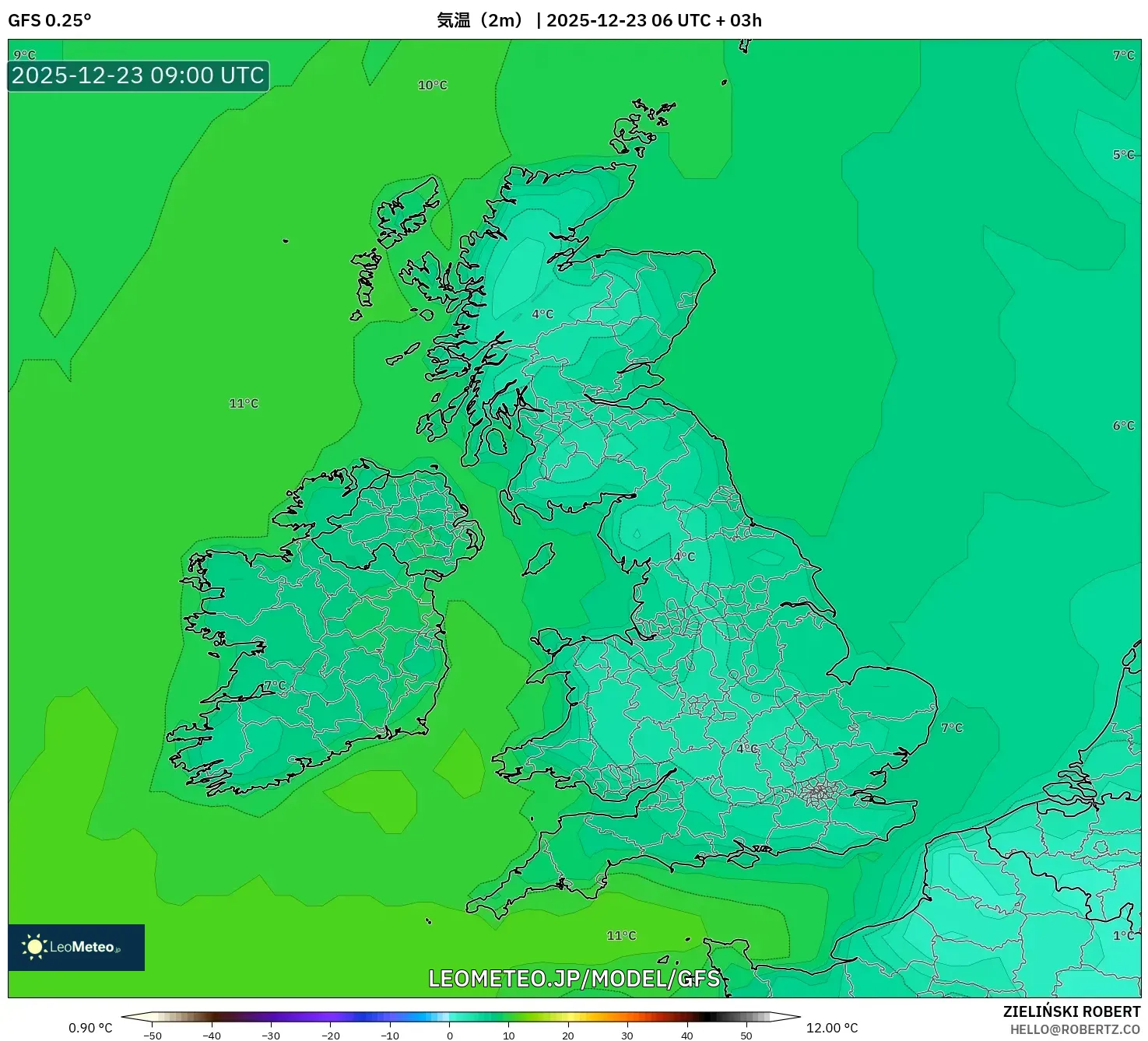 GFS model - イギリス, 気温（2m）