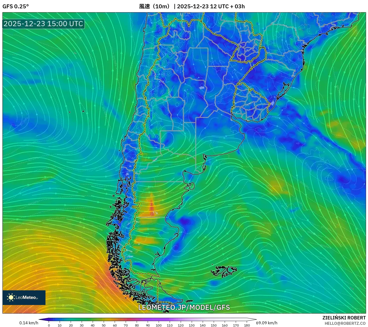 GFS model - アルゼンチン, 風速（10m）