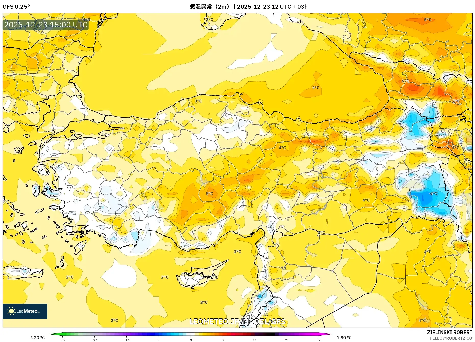 GFS model - トルコ, 気温異常（2m）