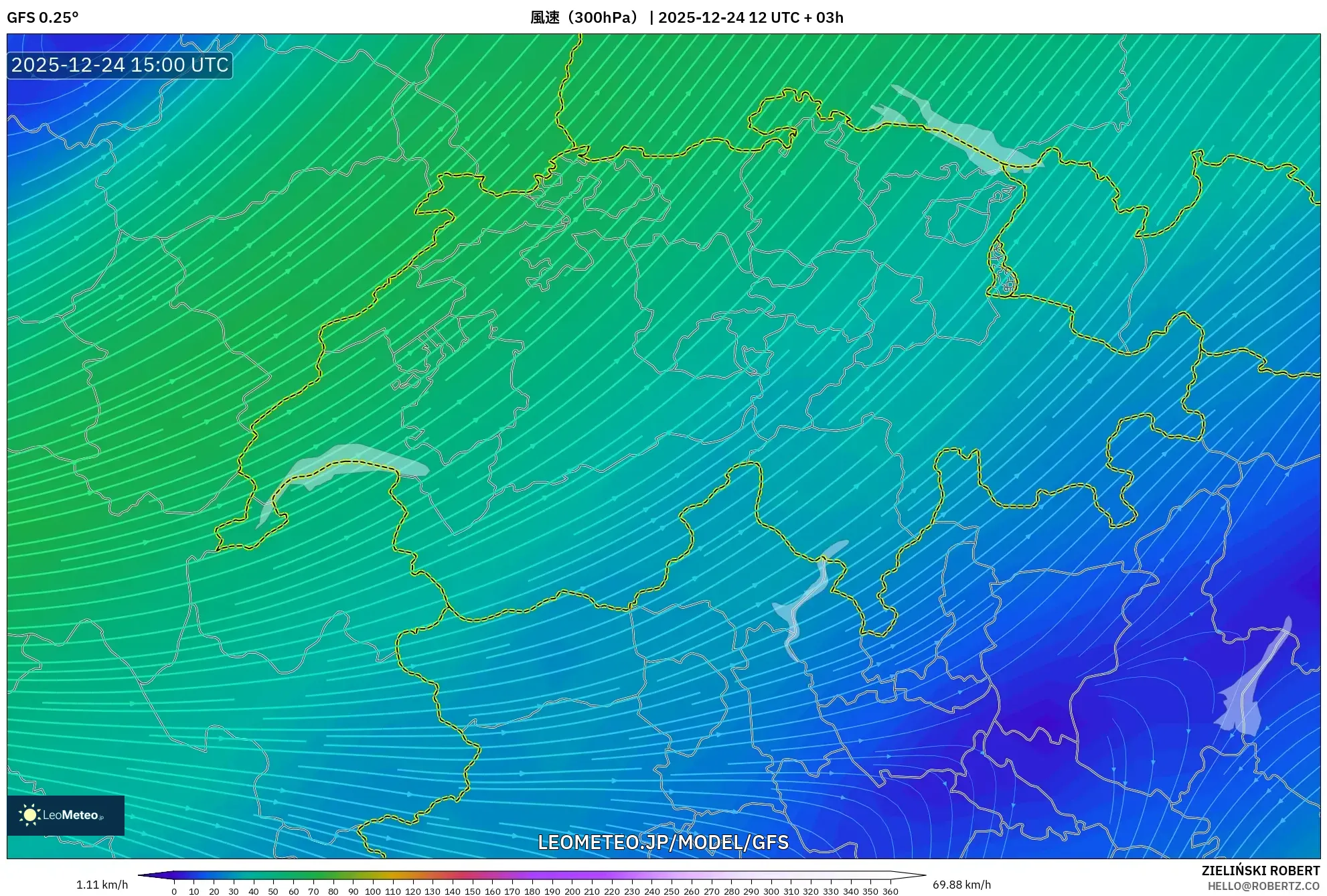 GFS model - スイス, 風速（300hPa）