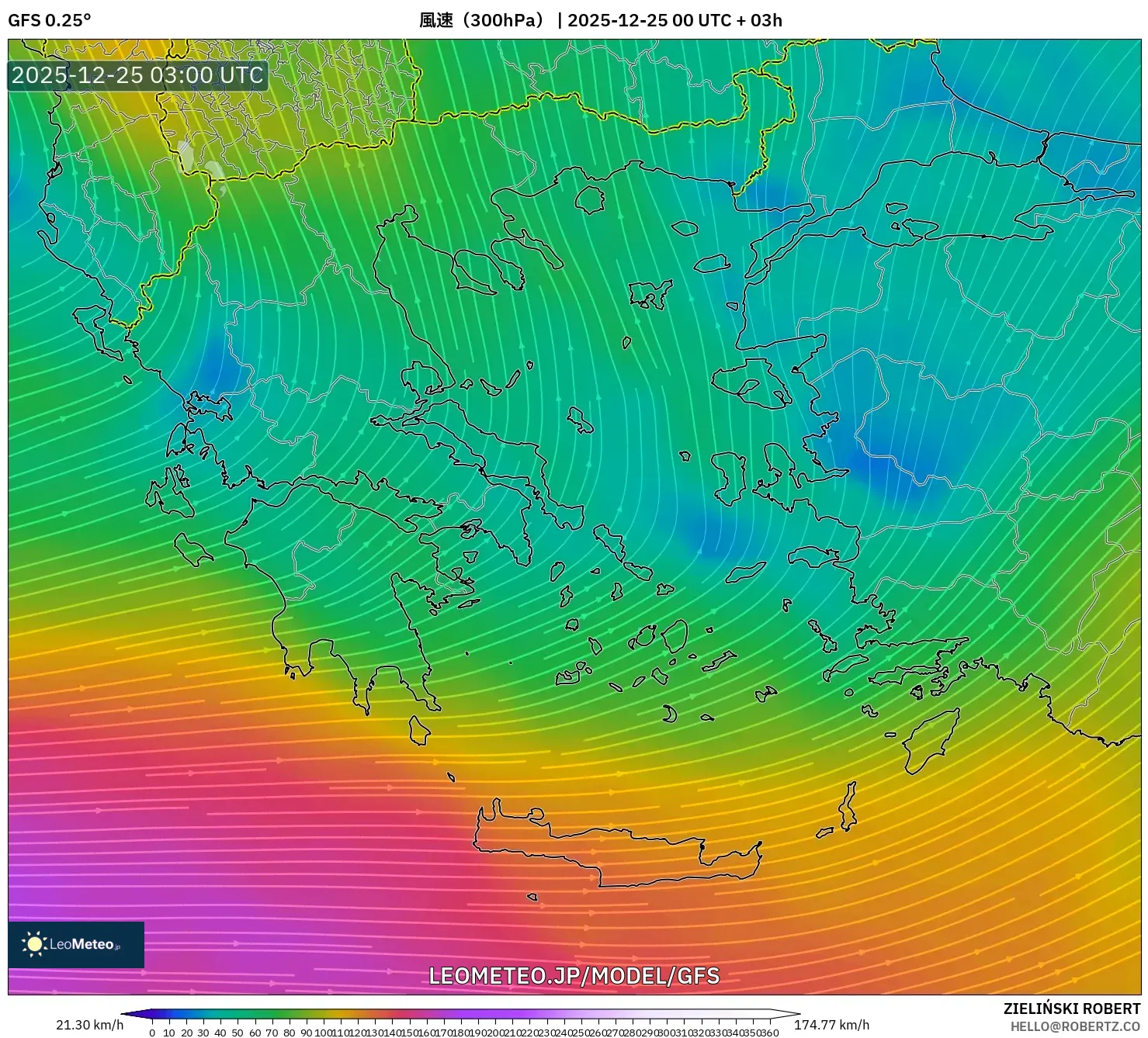 GFS model - ギリシャ, 風速（300hPa）