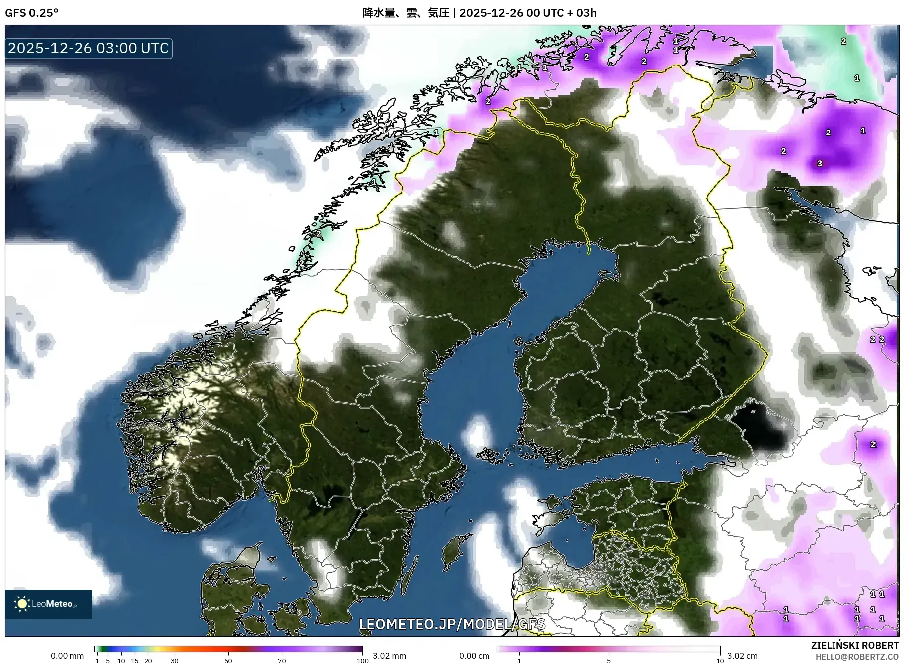 GFS model - スカンジナビア, 降水量、雲、気圧