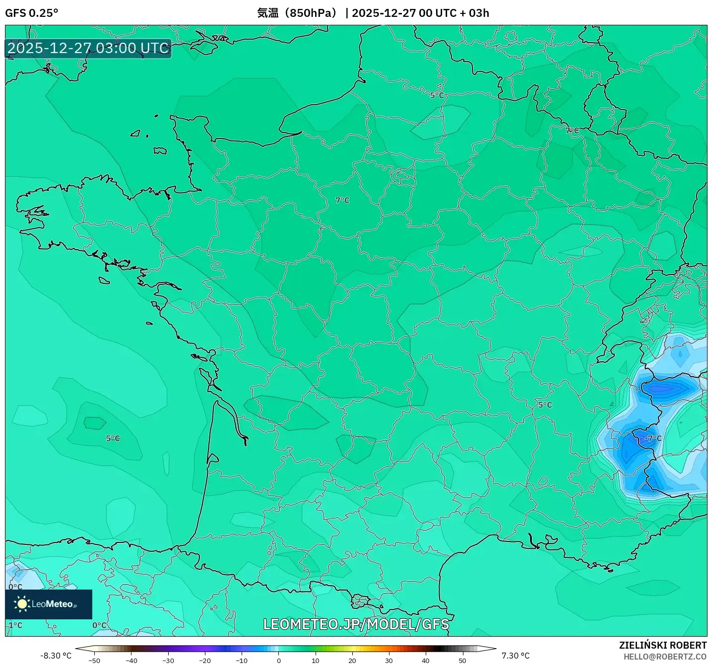 GFS model - フランス, 気温（850hPa）