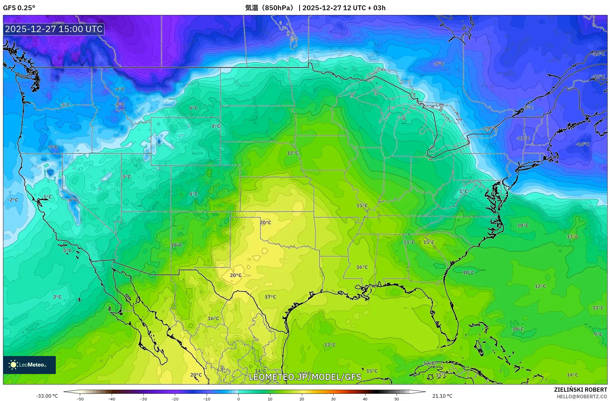 GFS model - アメリカ合衆国, 気温（850hPa）