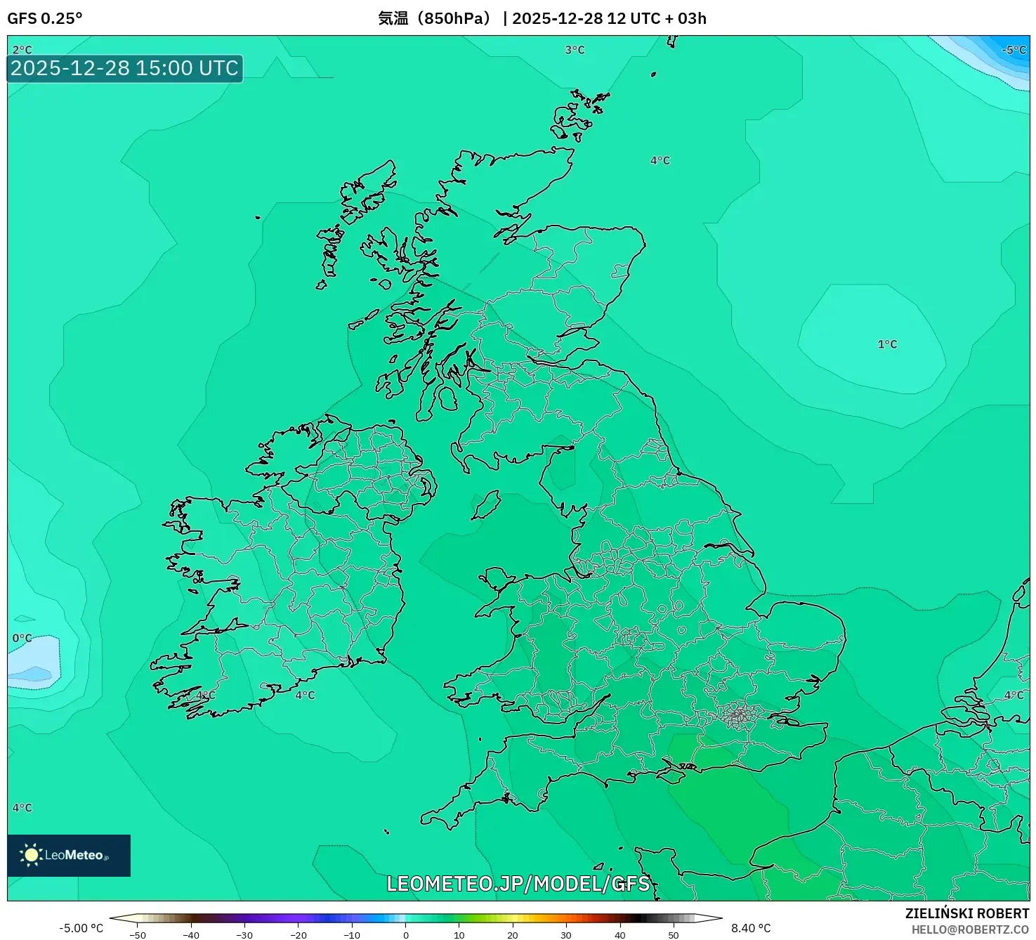 GFS model - イギリス, 気温（850hPa）