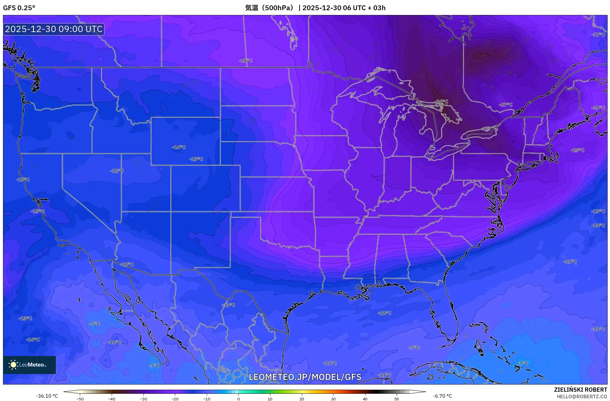 GFS model - アメリカ合衆国, 気温（500hPa）