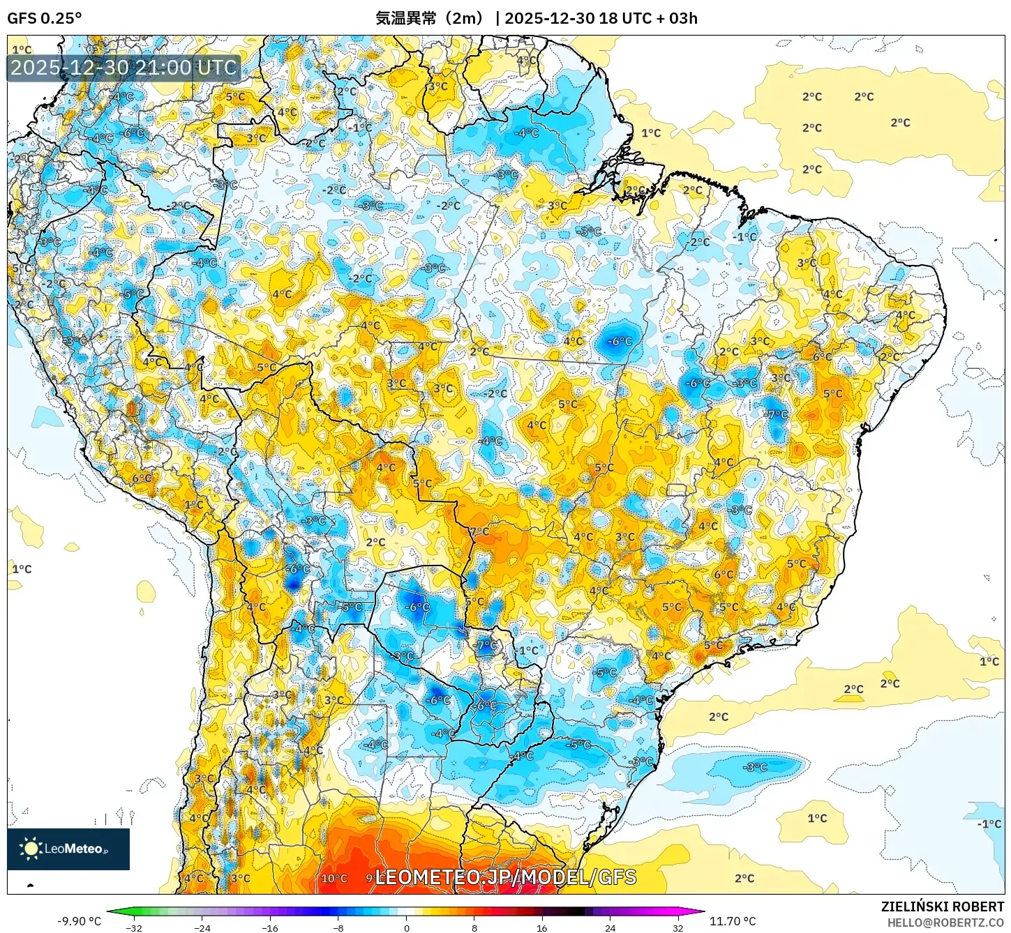 GFS model - ブラジル, 気温異常（2m）