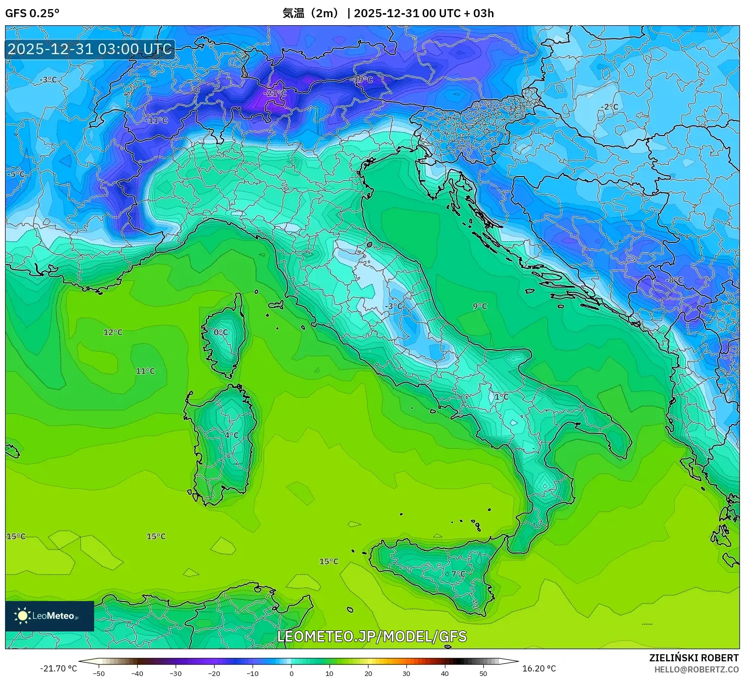 GFS model - イタリア, 気温（2m）