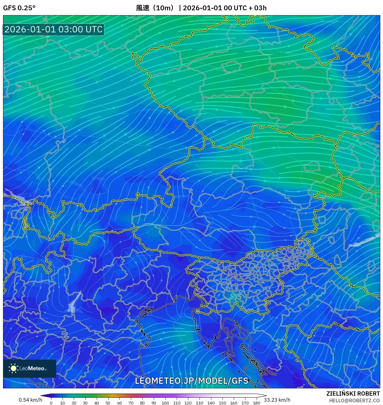 GFS model - オーストリア, 風速（10m）