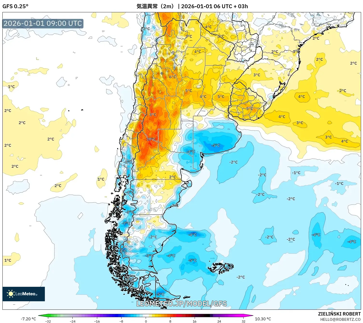 GFS model - アルゼンチン, 気温異常（2m）