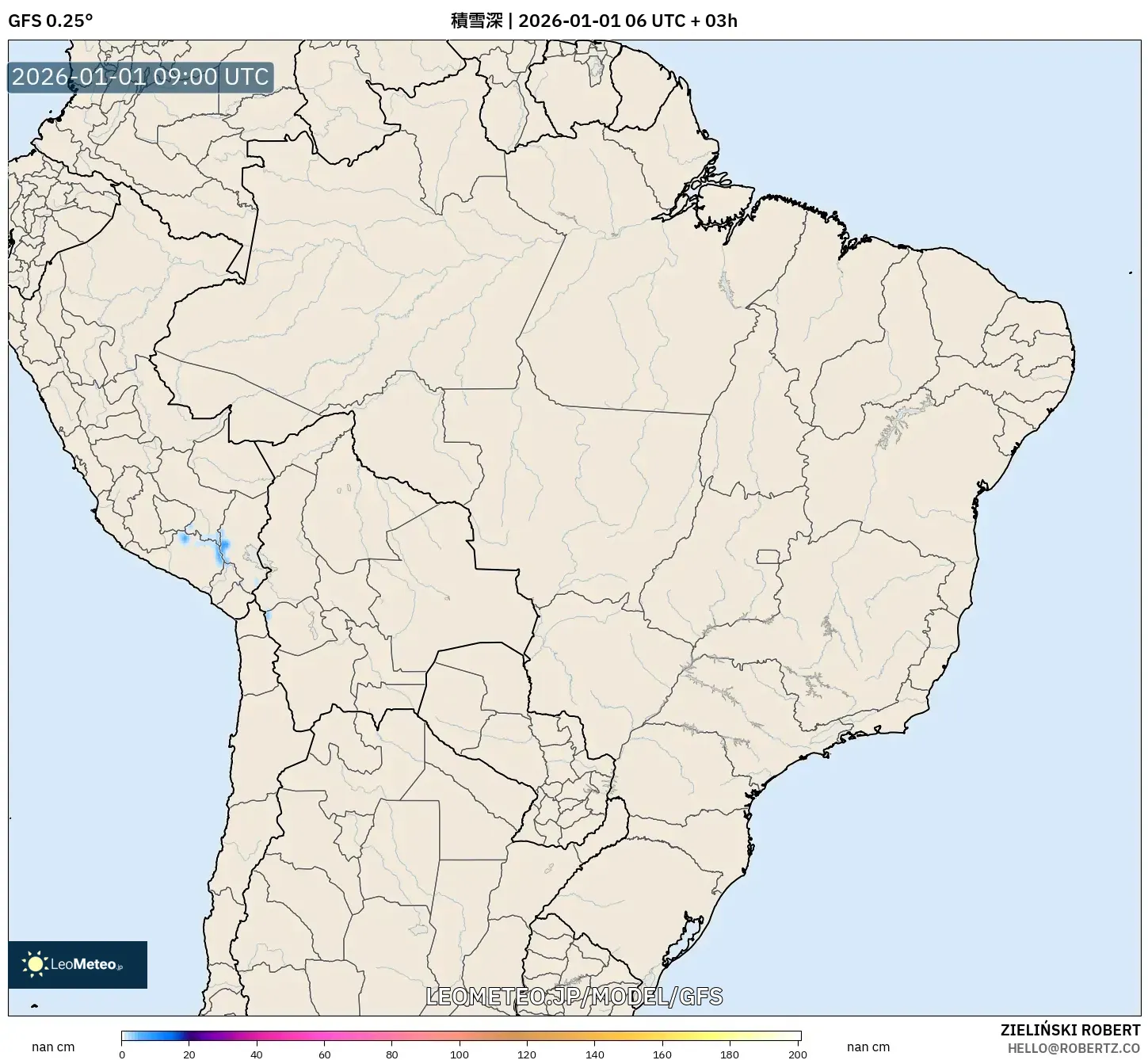 GFS model - ブラジル, 積雪深