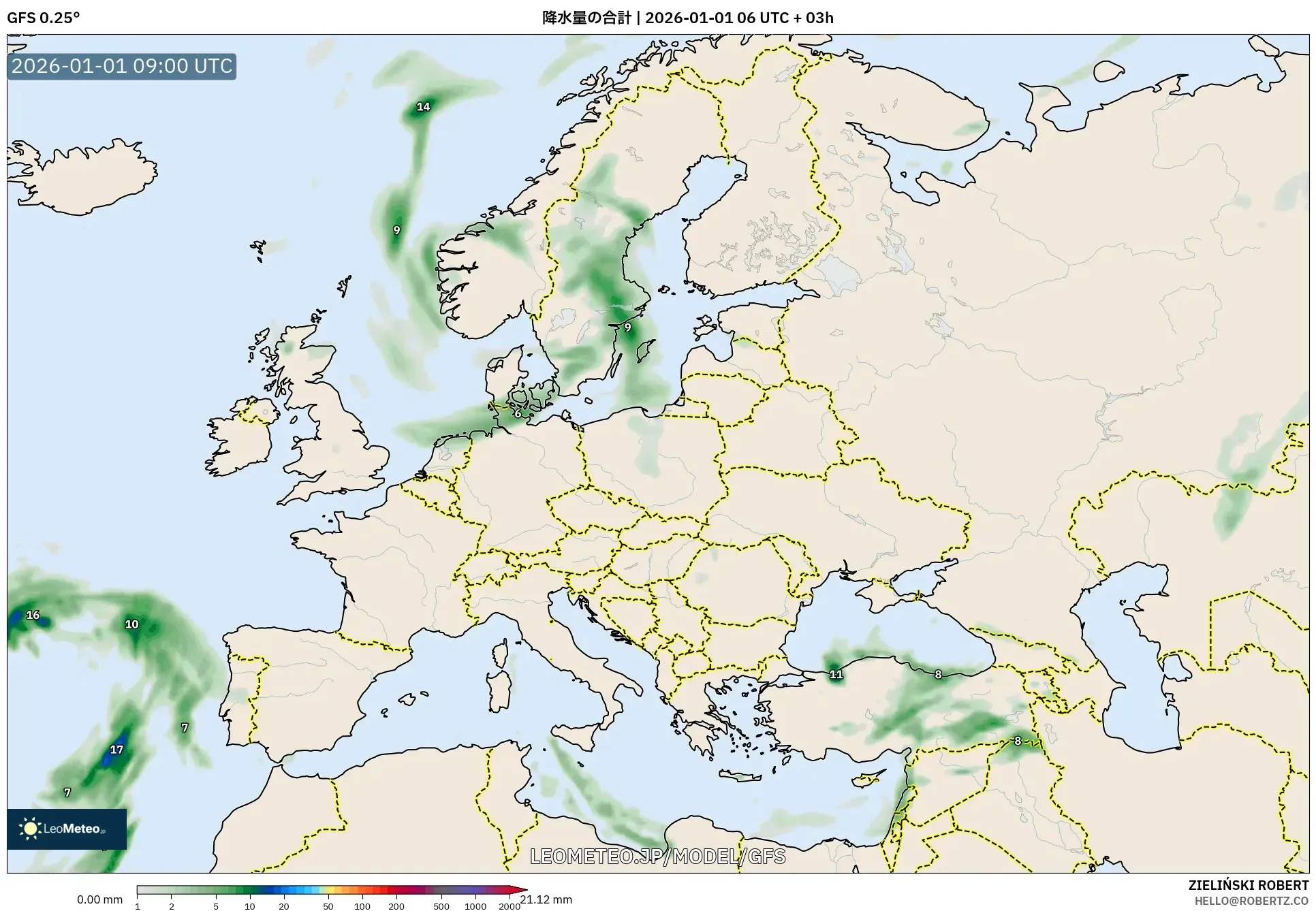 GFS model - ヨーロッパ, 降水量の合計