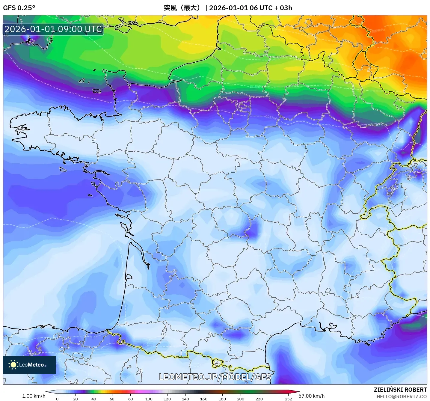 GFS model - フランス, 突風（最大）
