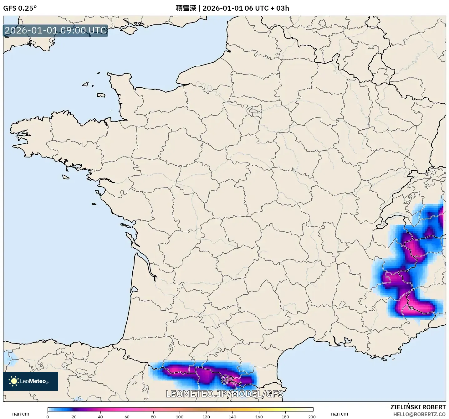 GFS model - フランス, 積雪深