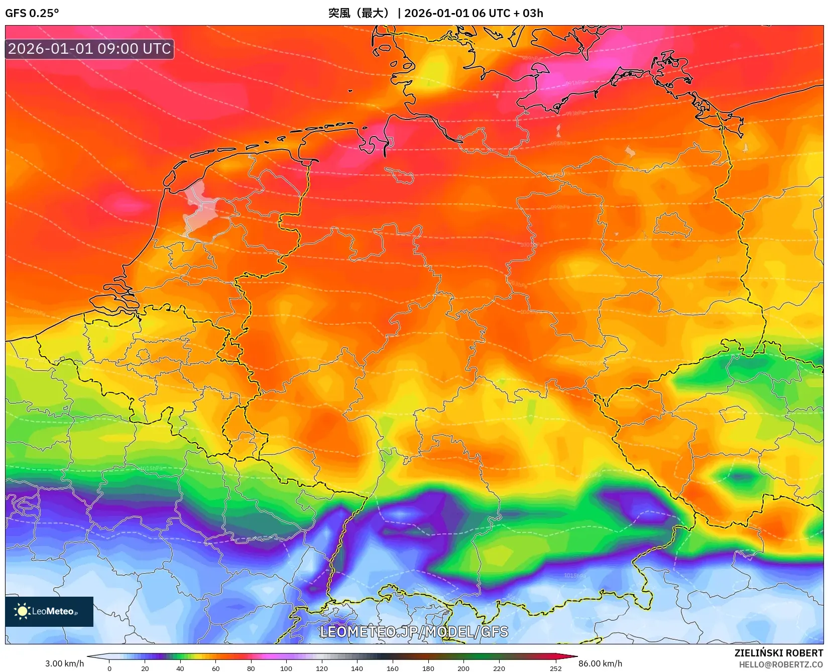 GFS model - ドイツ, 突風（最大）