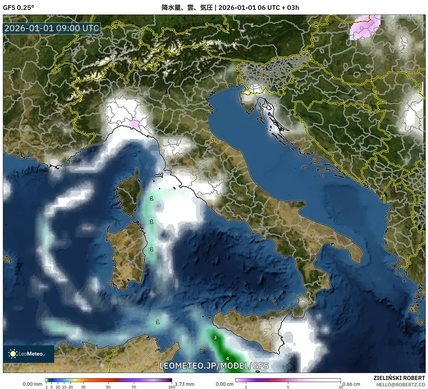 GFS model - イタリア, 降水量、雲、気圧