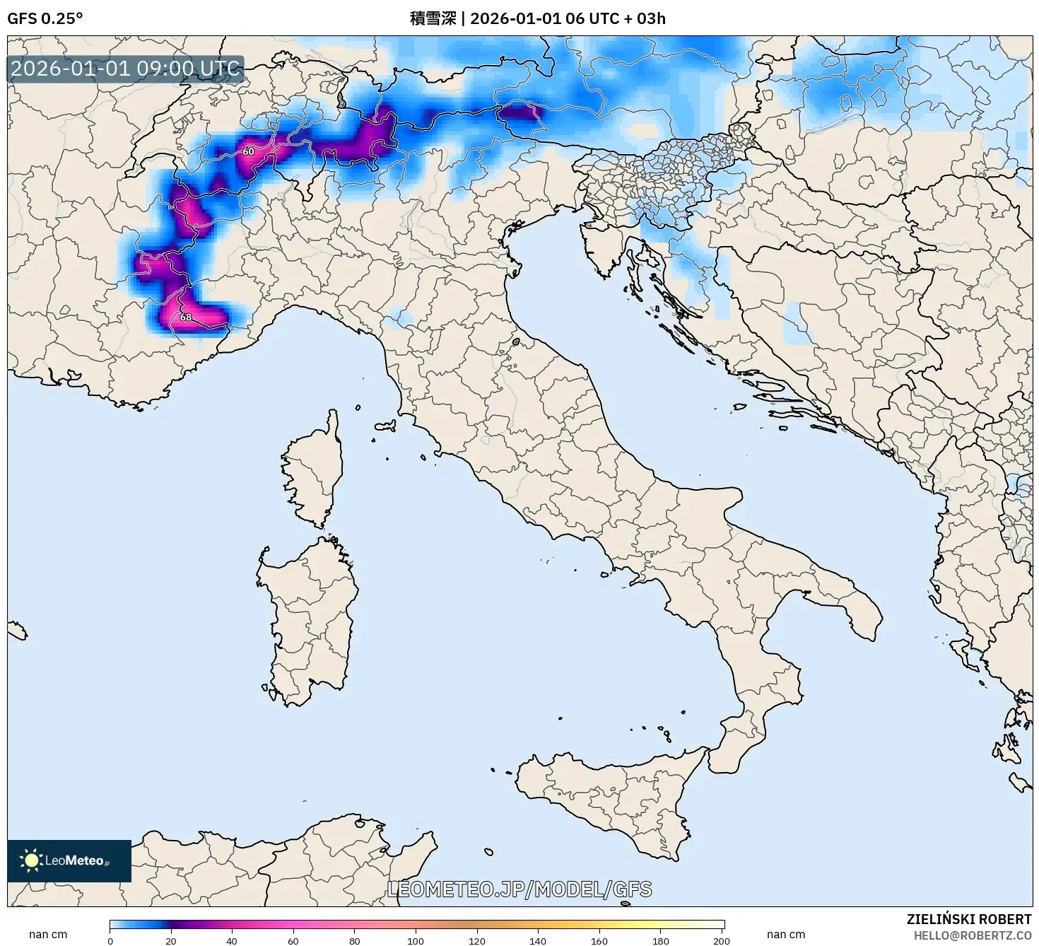 GFS model - イタリア, 積雪深