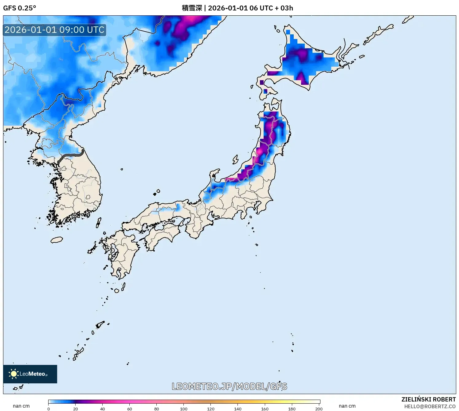 GFS model - 日本, 積雪深