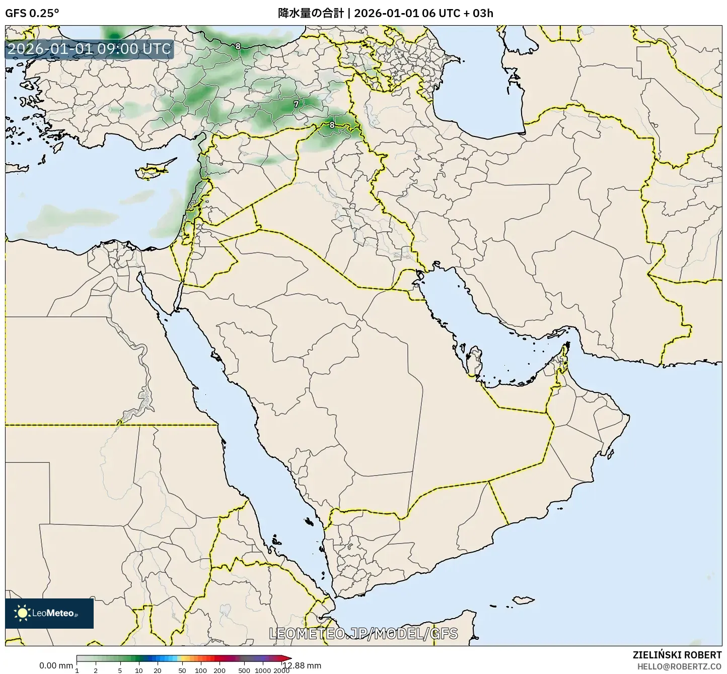 GFS model - 中東, 降水量の合計