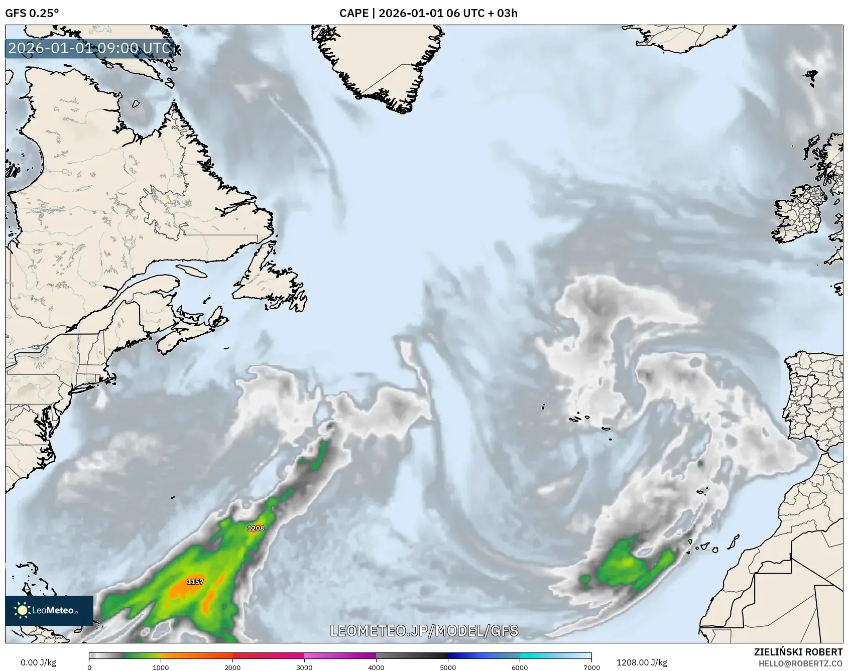 GFS model - 北大西洋, CAPE