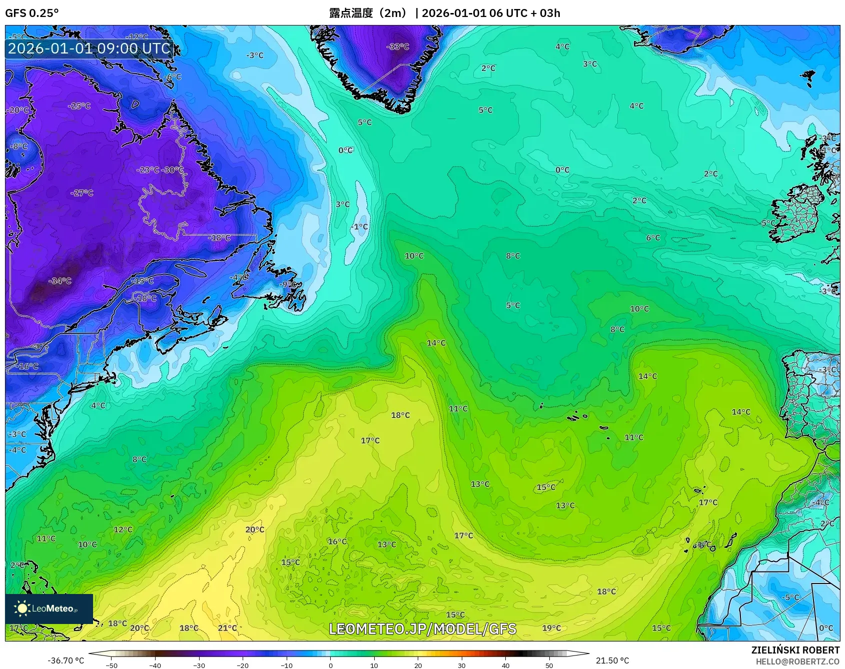 GFS model - 北大西洋, 露点温度（2m）