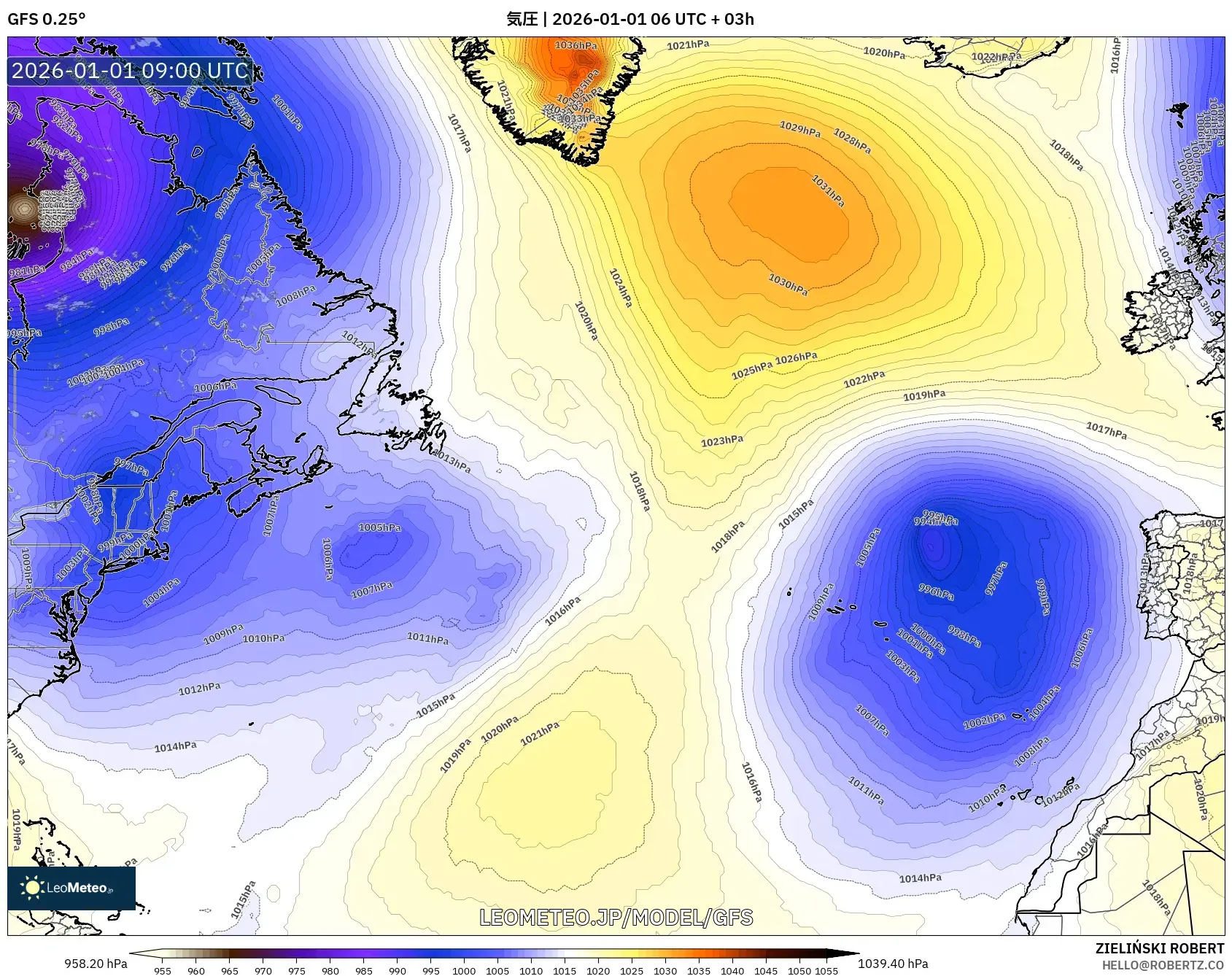 GFS model - 北大西洋, 気圧