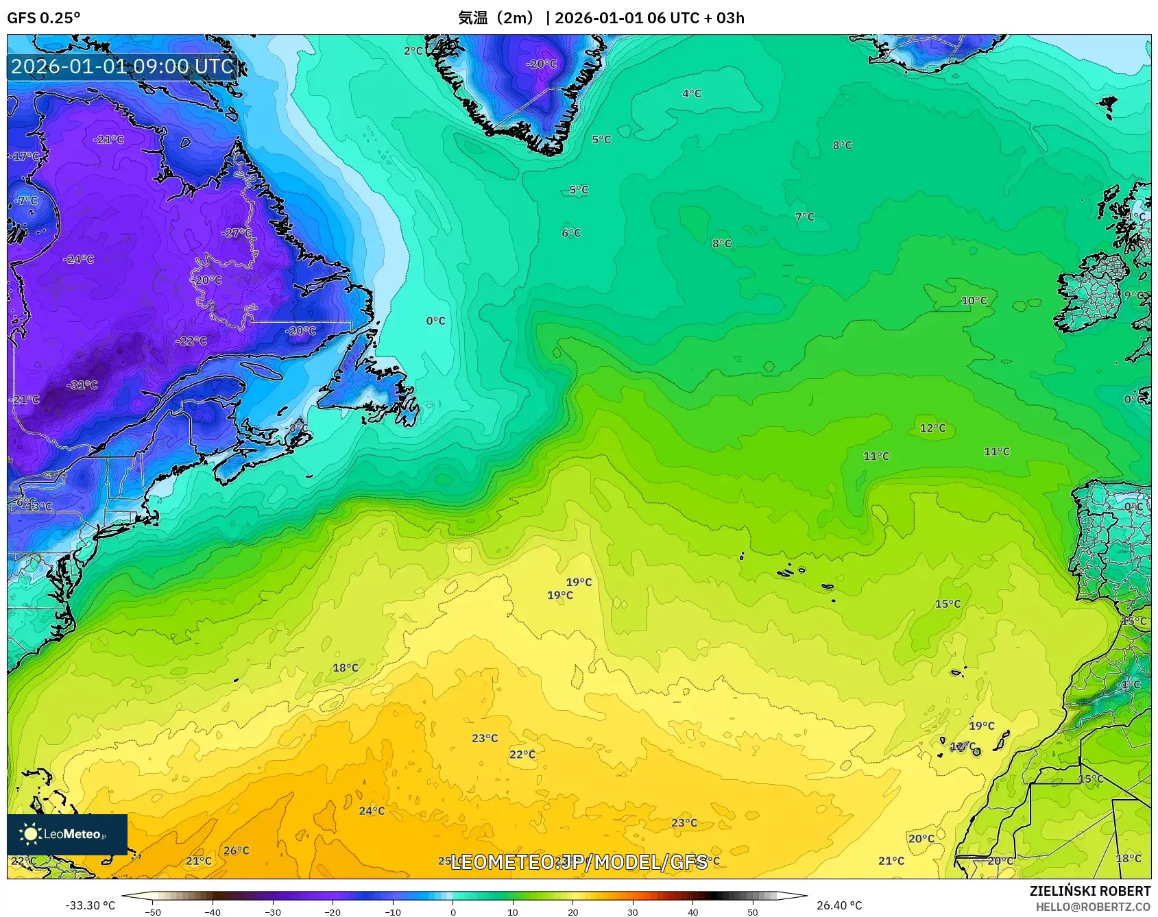 GFS model - 北大西洋, 気温（2m）