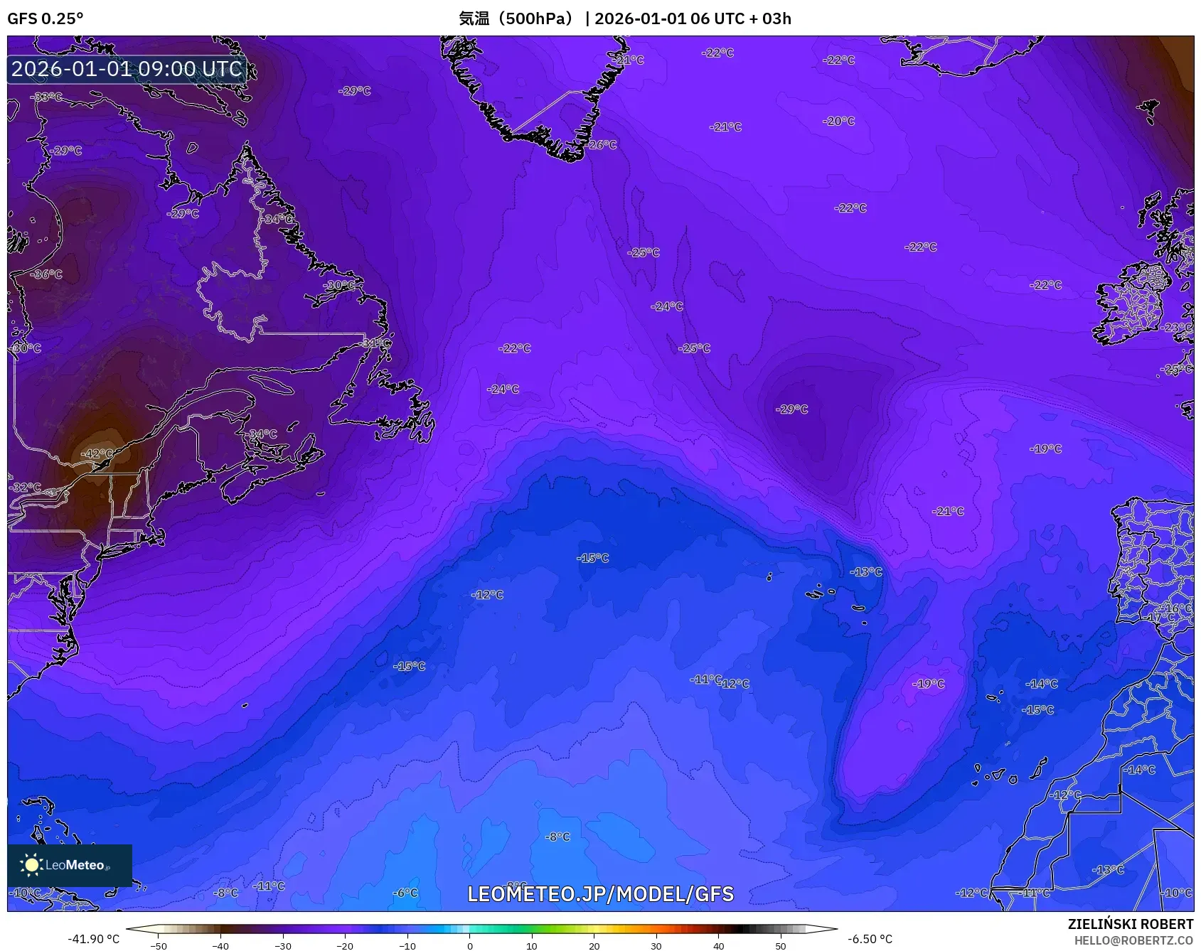 GFS model - 北大西洋, 気温（500hPa）