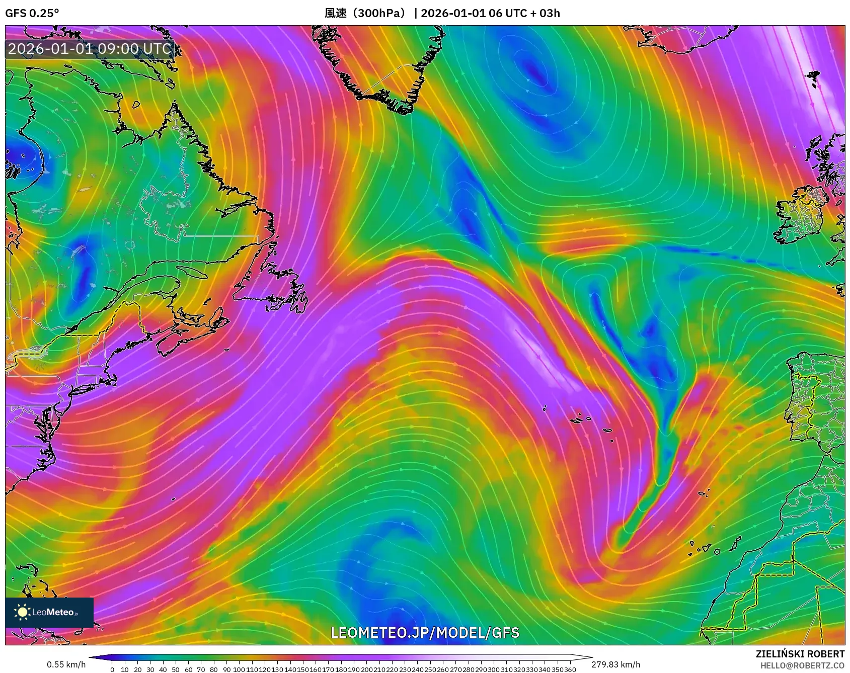 GFS model - 北大西洋, 風速（300hPa）