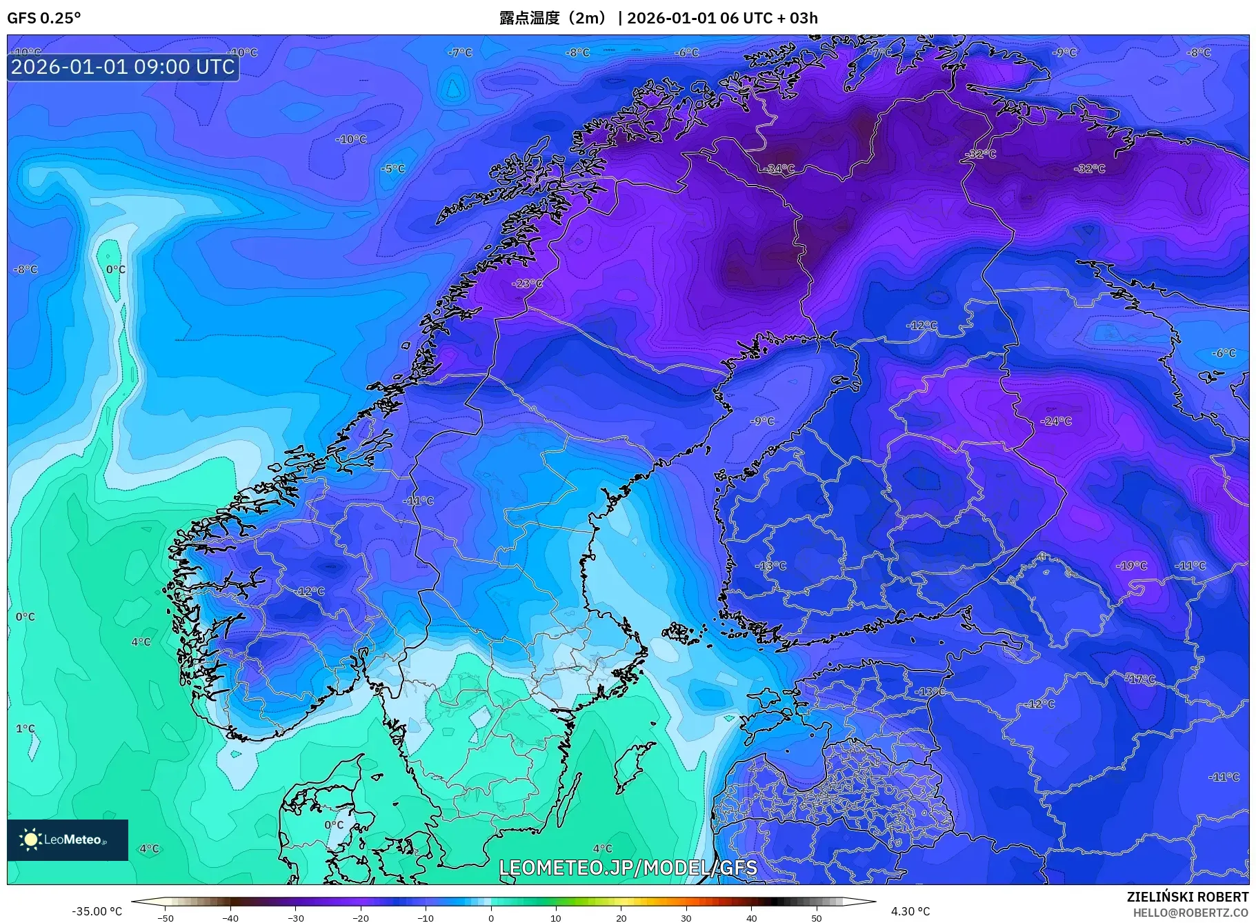GFS model - スカンジナビア, 露点温度（2m）