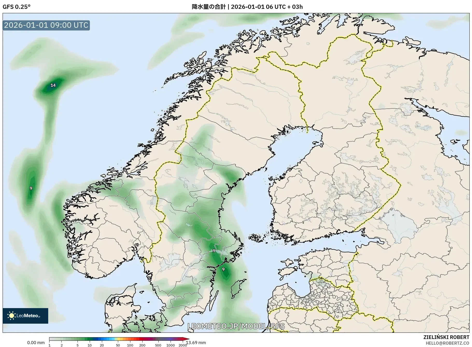GFS model - スカンジナビア, 降水量の合計