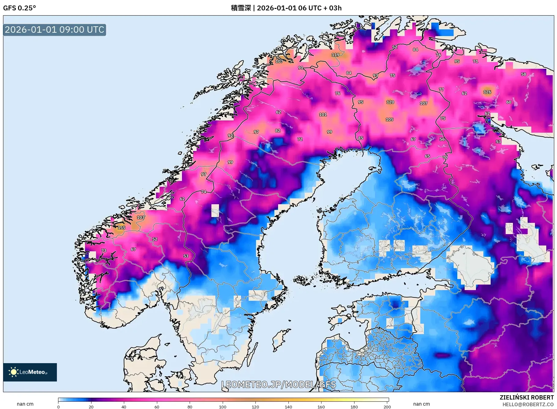 GFS model - スカンジナビア, 積雪深