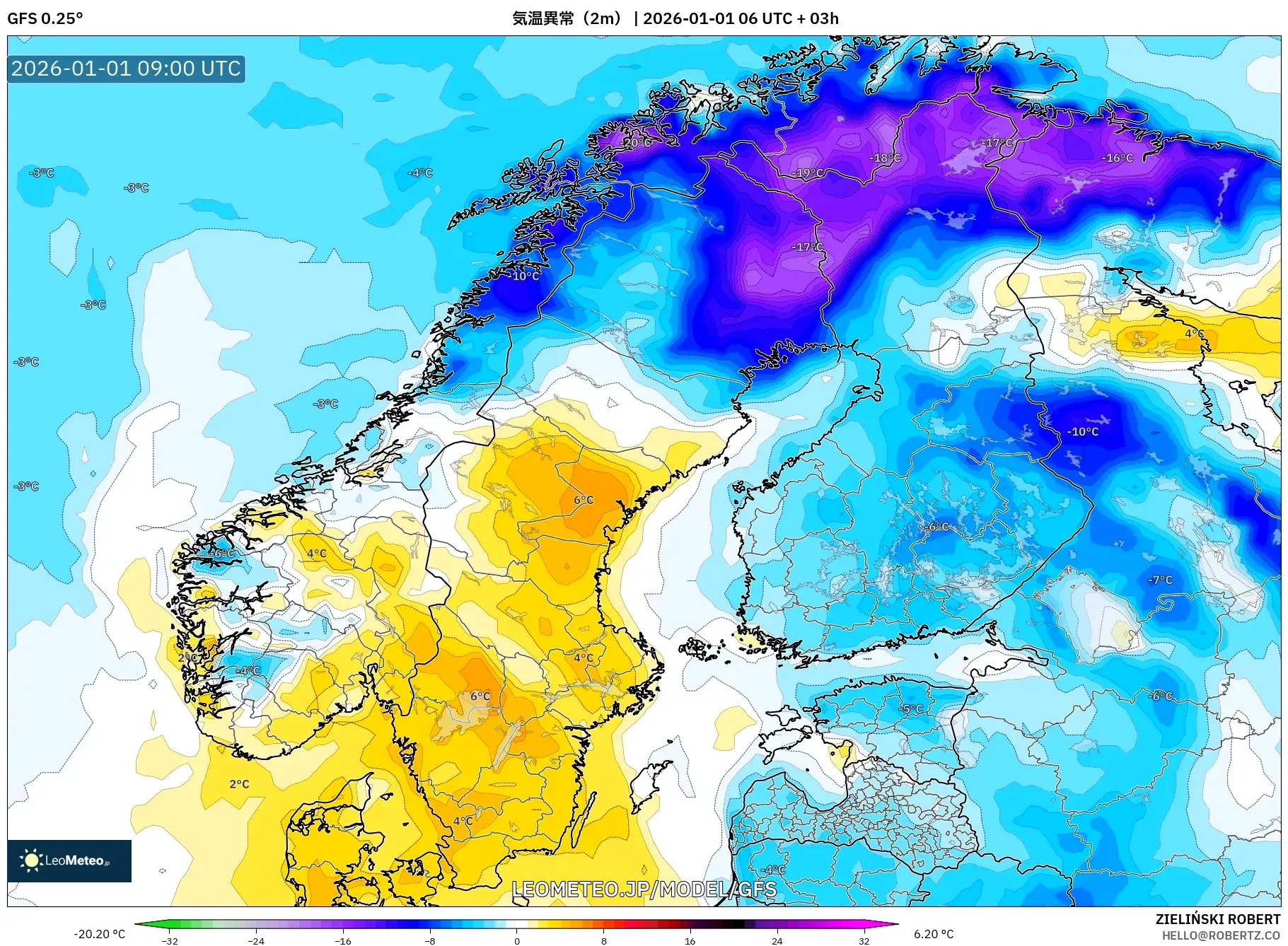 GFS model - スカンジナビア, 気温異常（2m）
