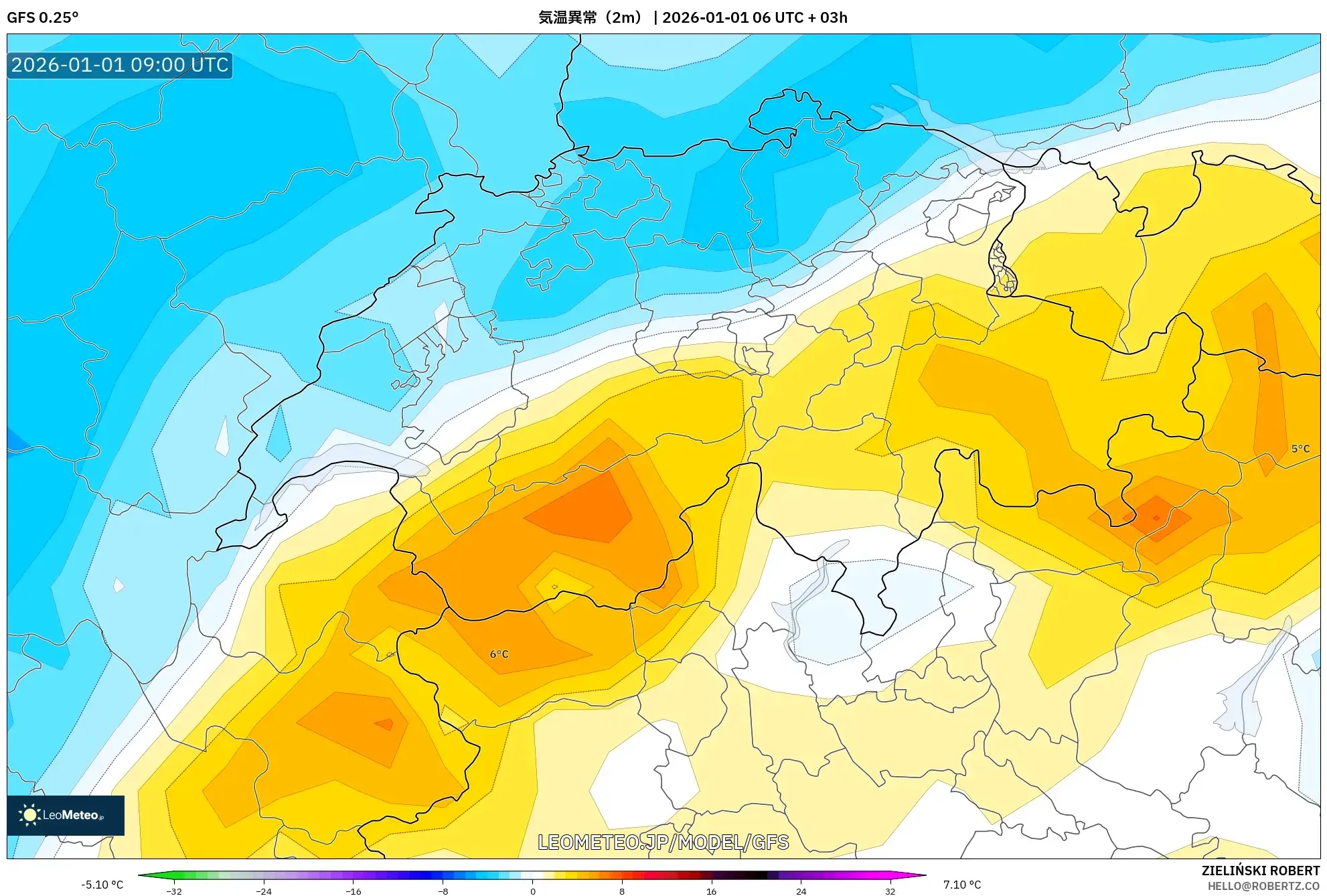 GFS model - スイス, 気温異常（2m）