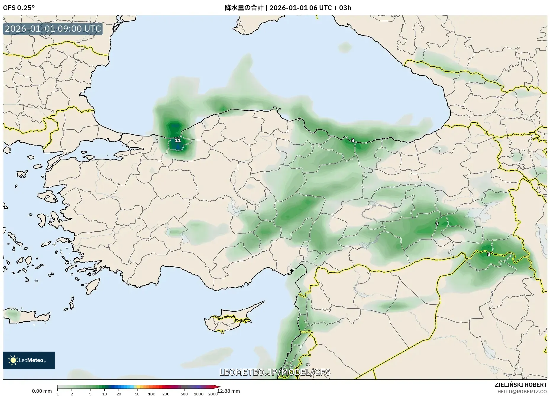 GFS model - トルコ, 降水量の合計