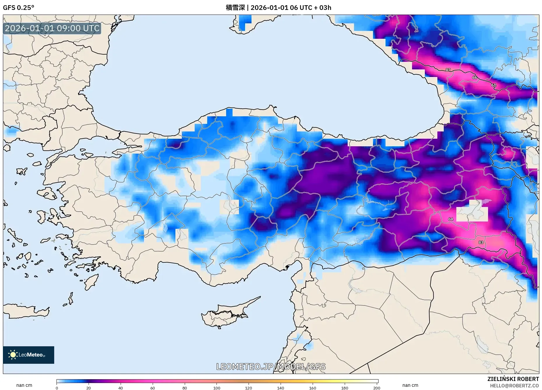 GFS model - トルコ, 積雪深