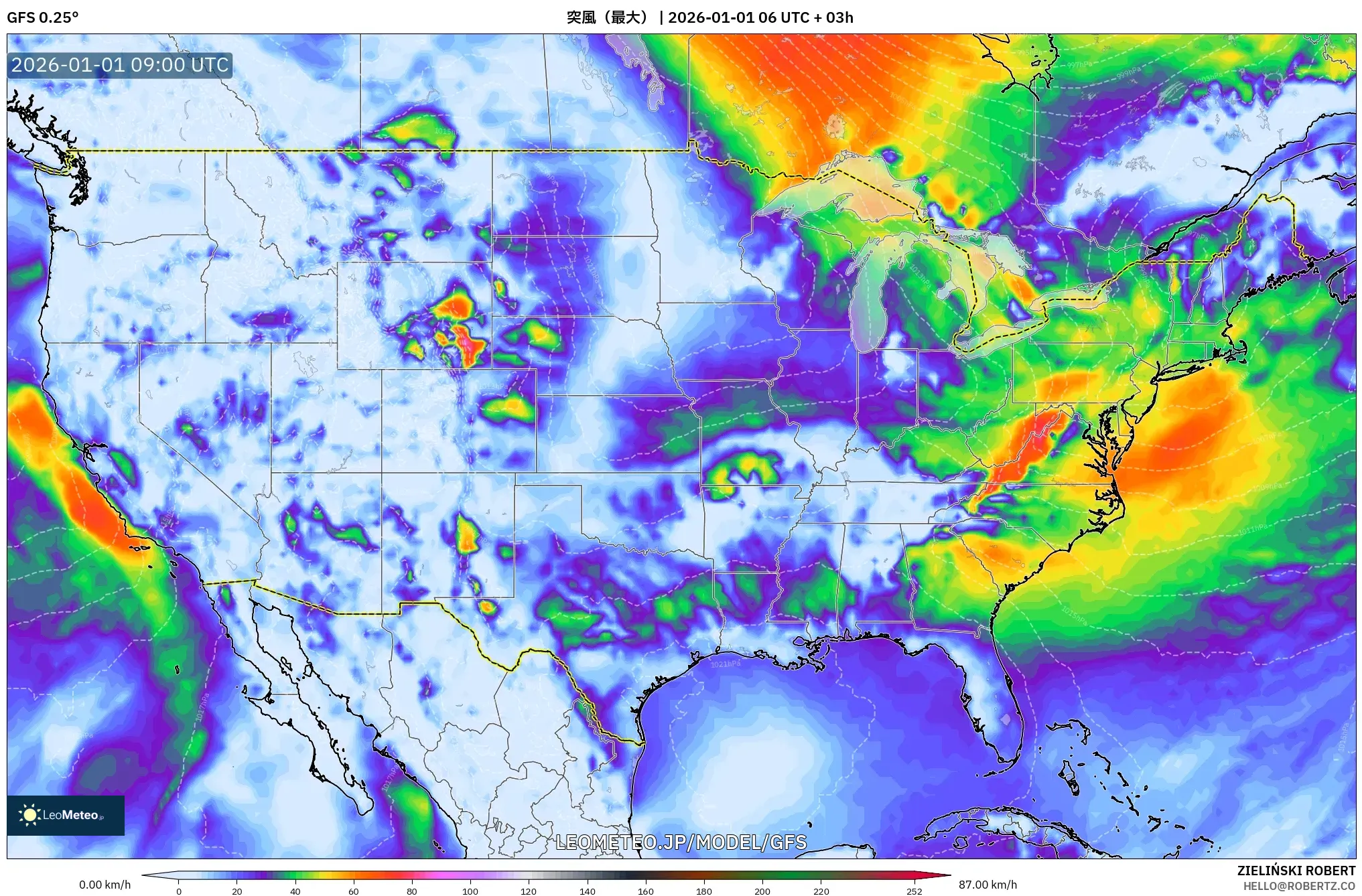 GFS model - アメリカ合衆国, 突風（最大）