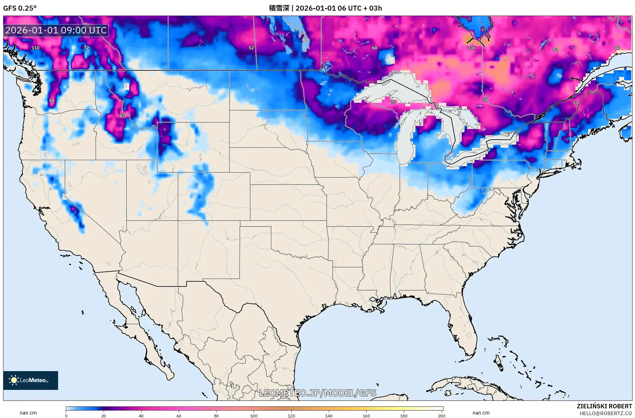 GFS model - アメリカ合衆国, 積雪深
