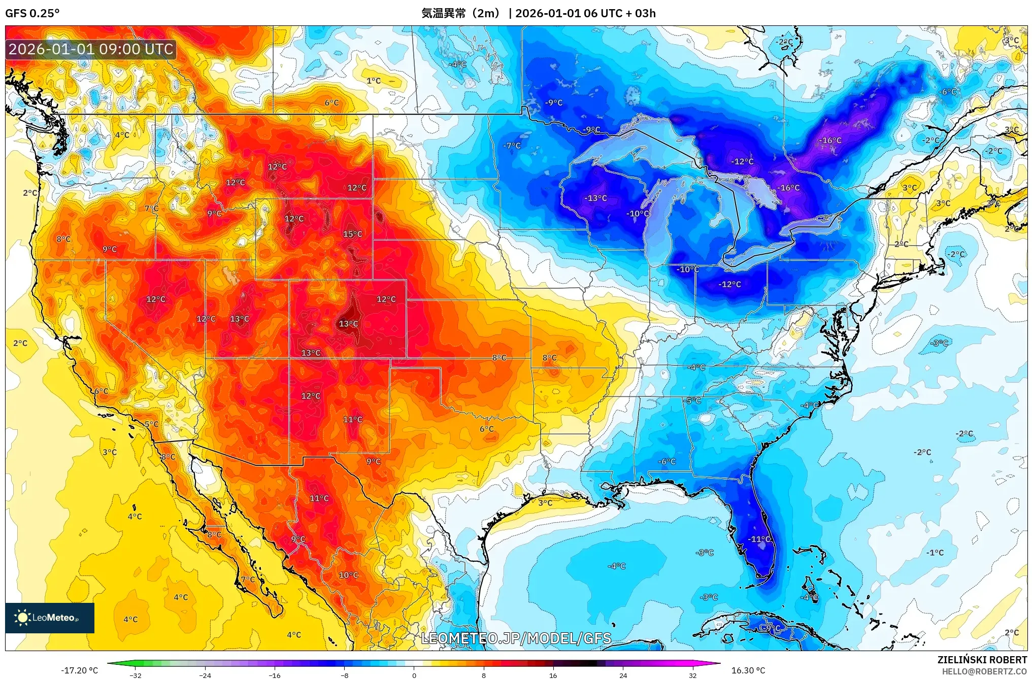 GFS model - アメリカ合衆国, 気温異常（2m）