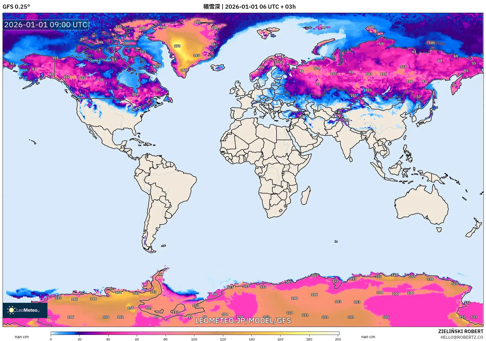 GFS model - 世界, 積雪深