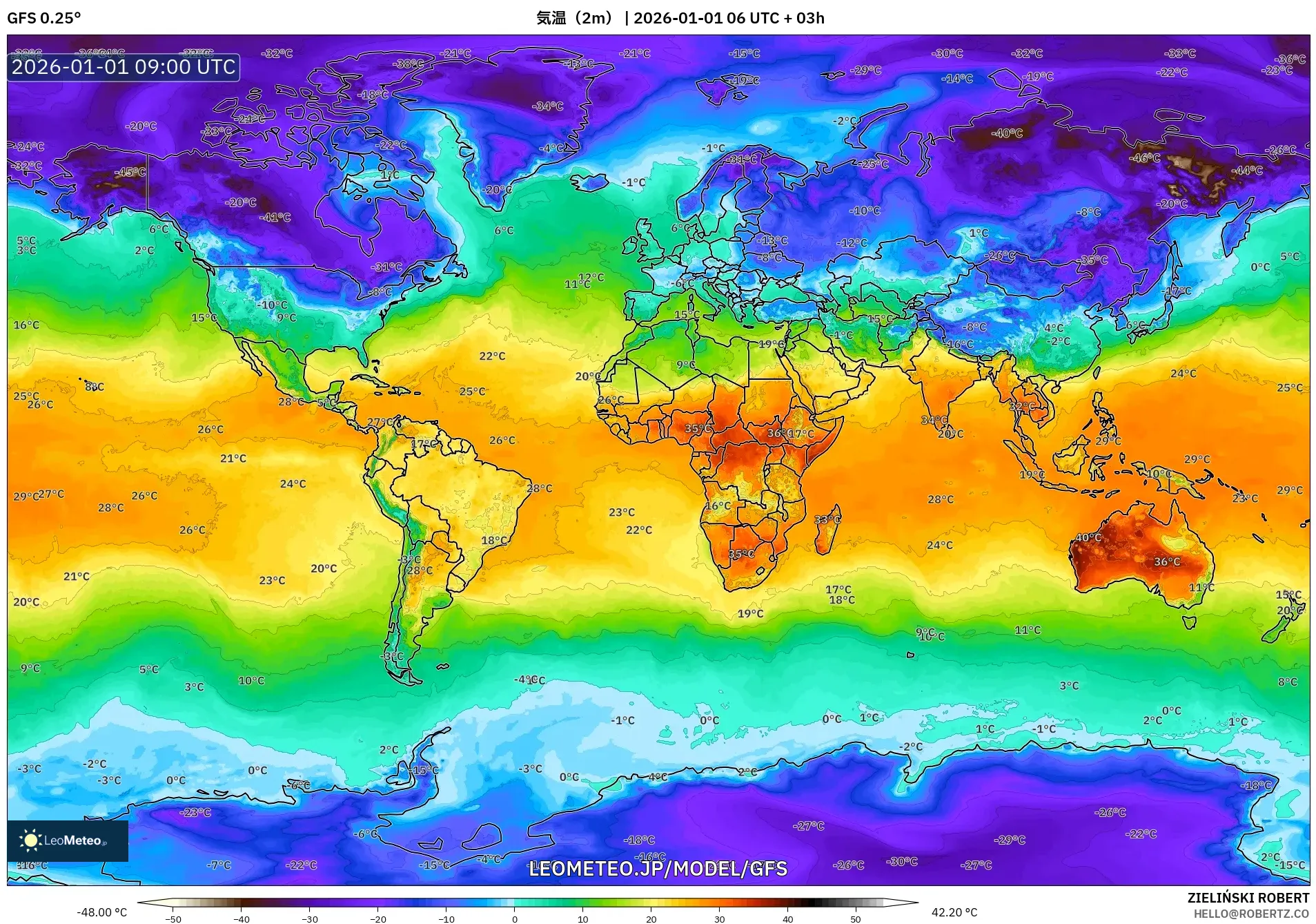 GFS model - 世界, 気温（2m）