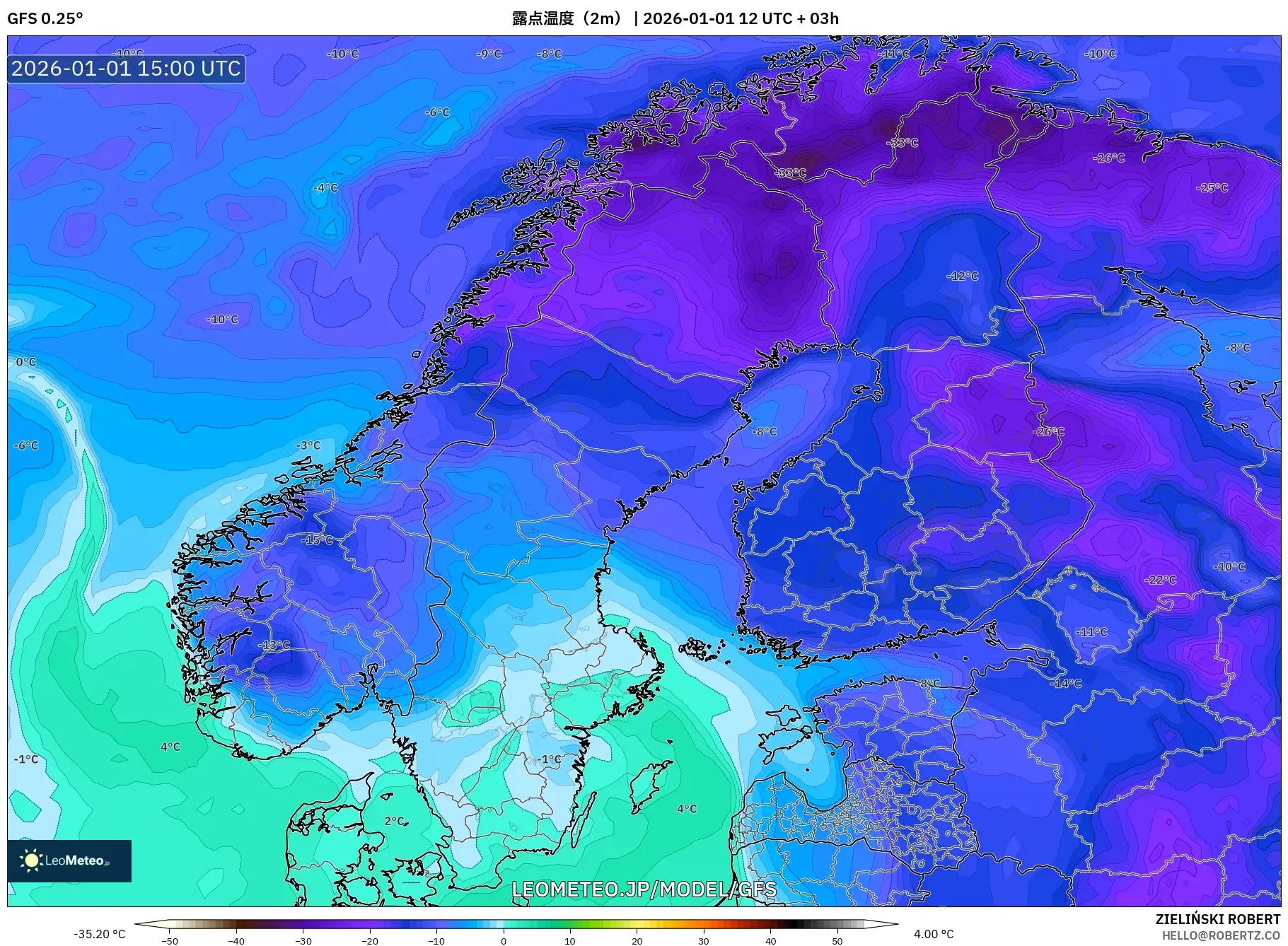 GFS model - スカンジナビア, 露点温度（2m）