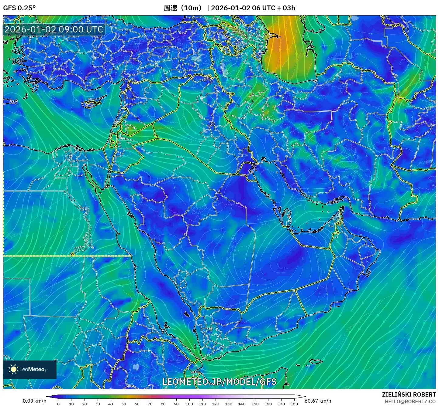 GFS model - 中東, 風速（10m）