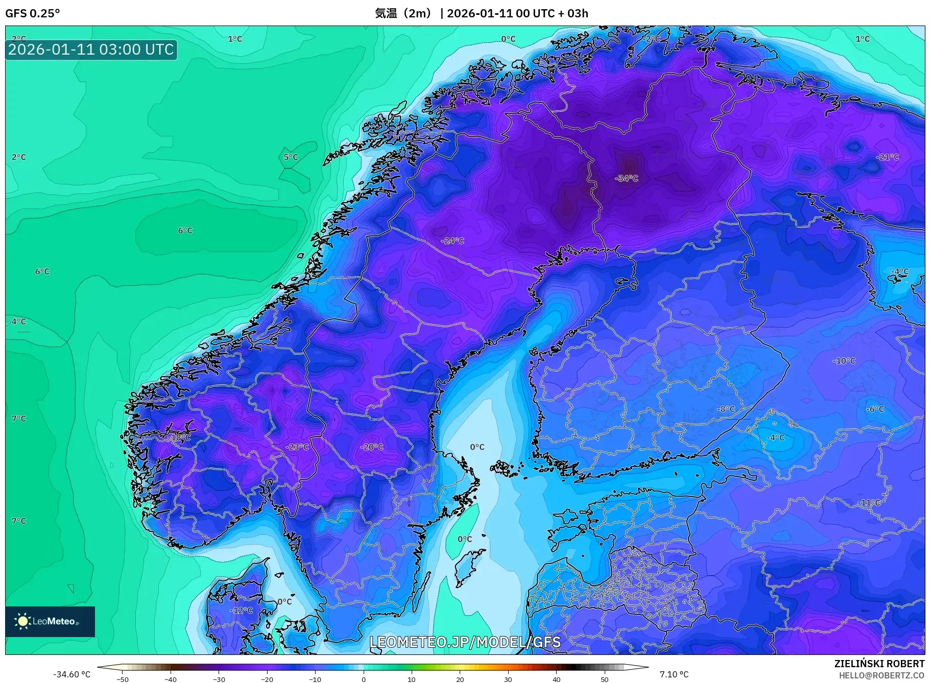 GFS model - スカンジナビア, 気温（2m）
