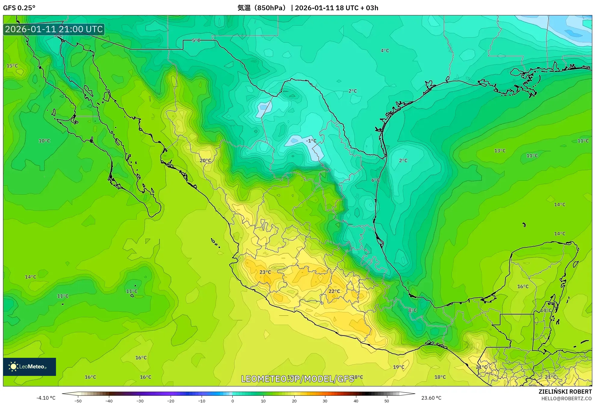 GFS model - メキシコ, 気温（850hPa）