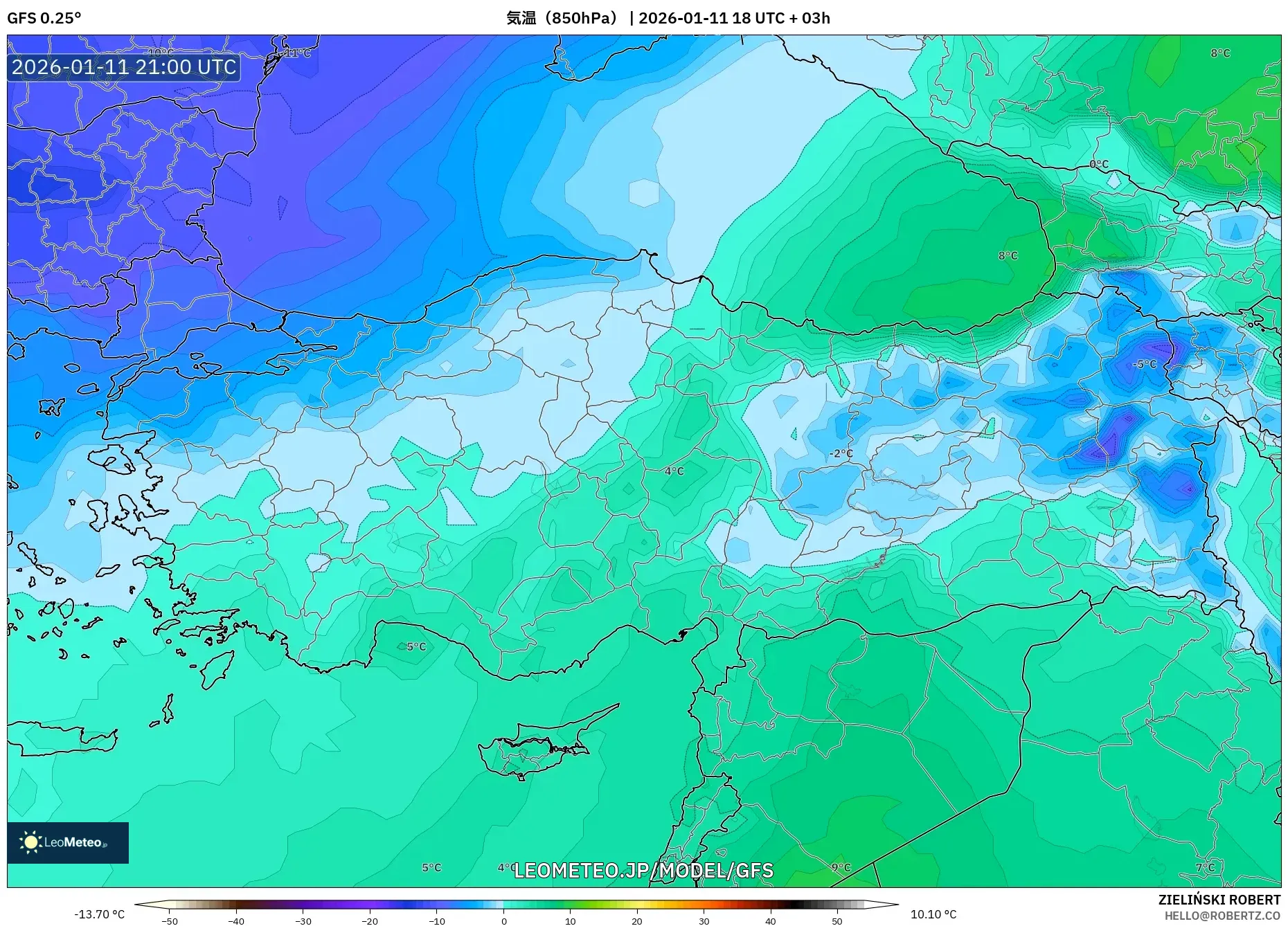 GFS model - トルコ, 気温（850hPa）