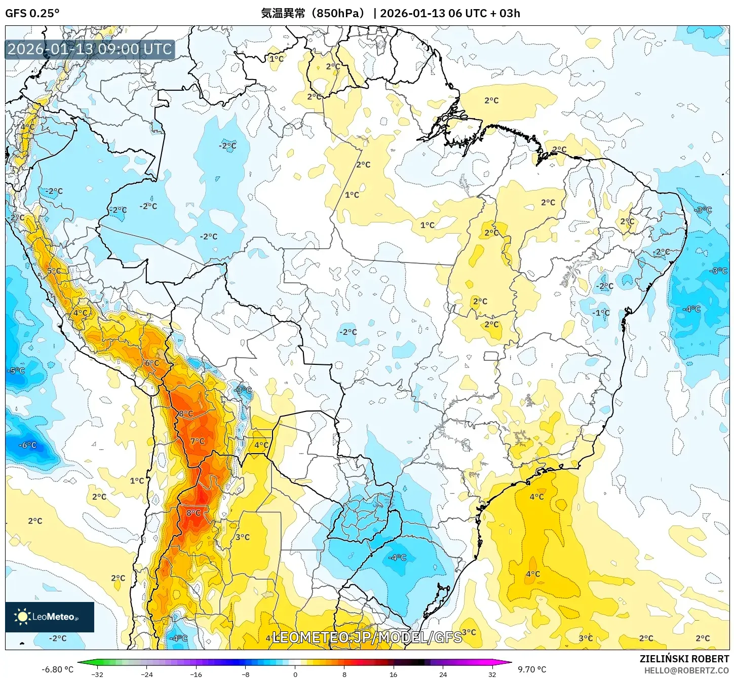 GFS model - ブラジル, 気温異常（850hPa）