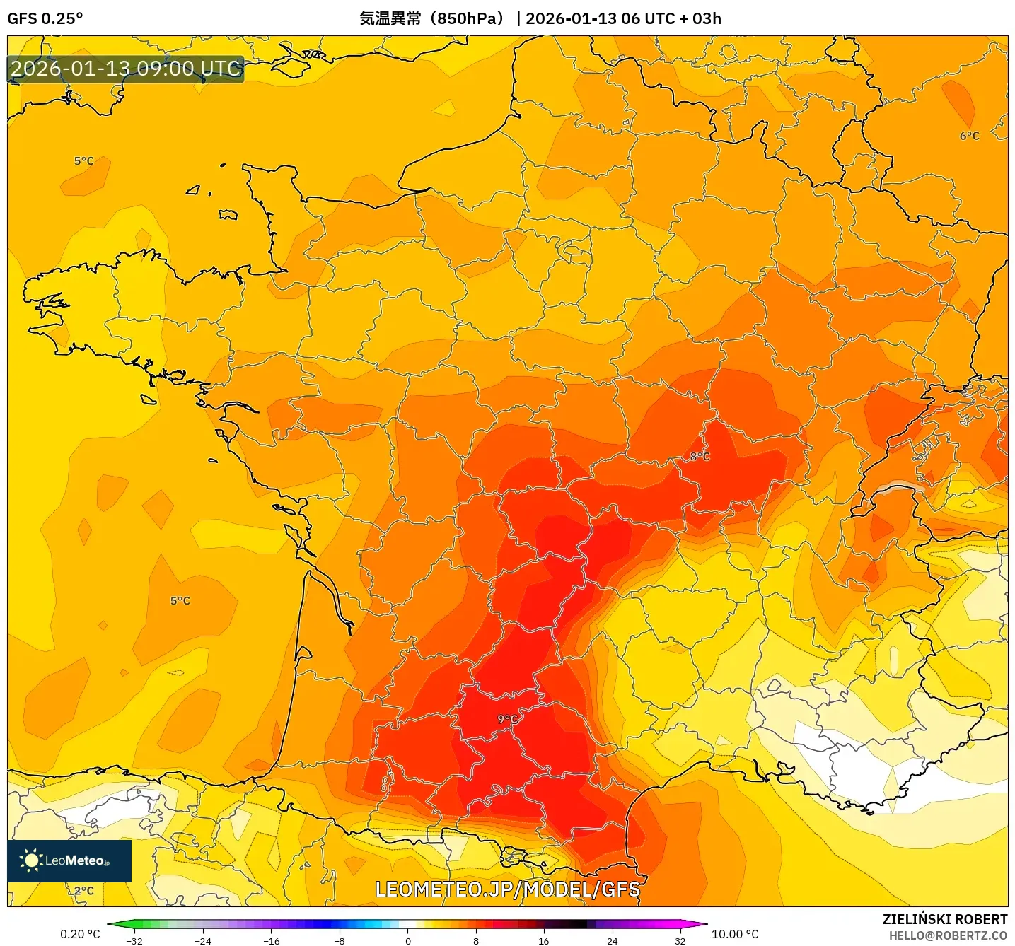 GFS model - フランス, 気温異常（850hPa）