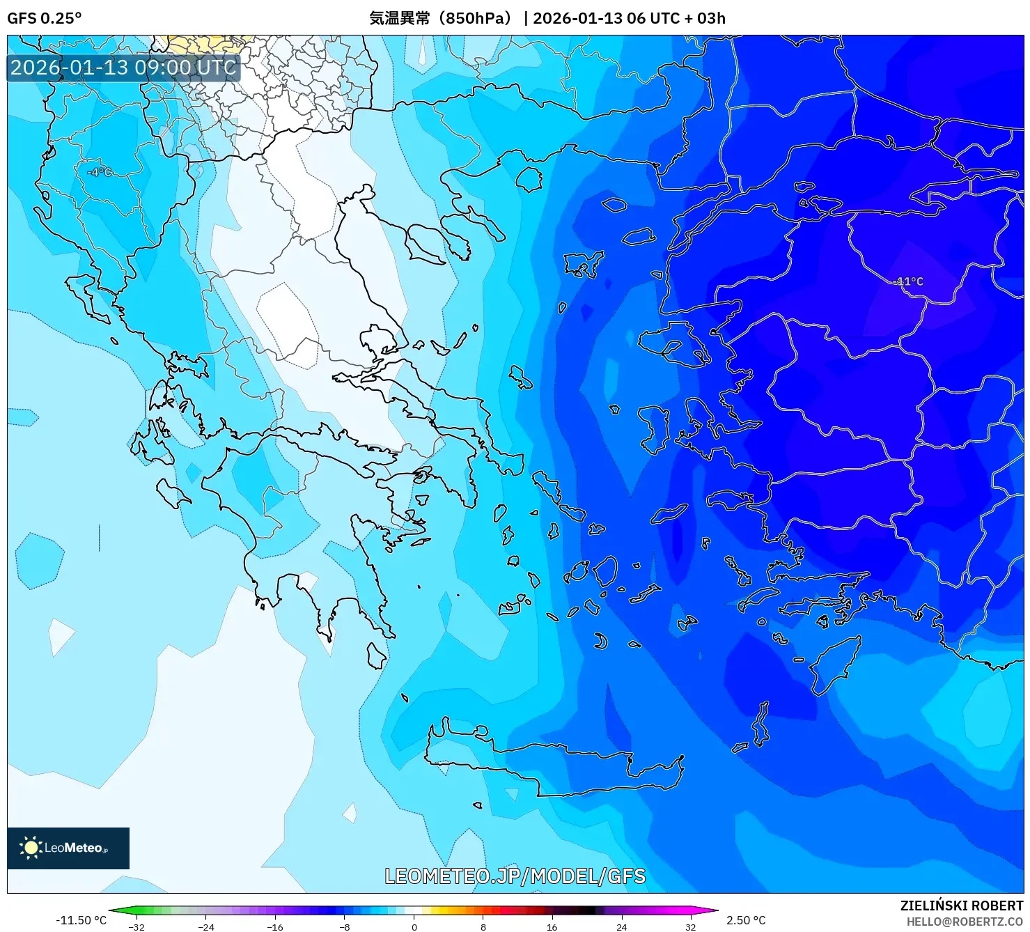 GFS model - ギリシャ, 気温異常（850hPa）